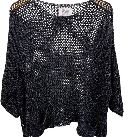Brand Bazar Women's OS Black Metallic Open Crochet 2 Front Pocket Top - Picture 1 of 6